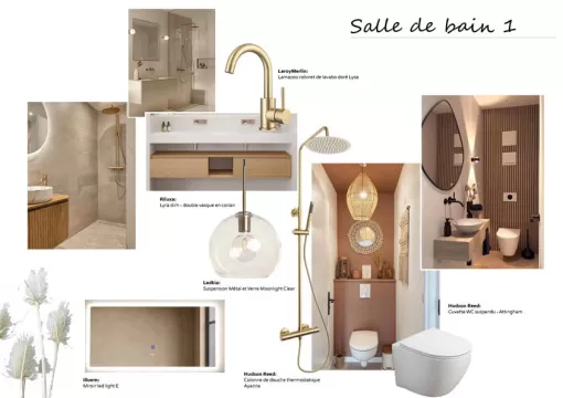 Rénovation d'une salle de bain lumineuse et moderne en carrelage effet travertin à Orthez