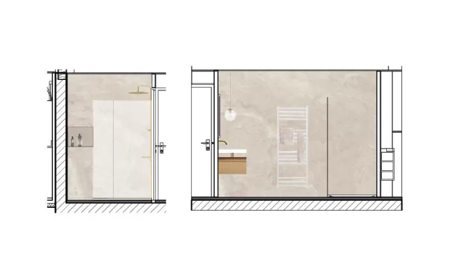 Rénovation d'une salle de bain lumineuse et moderne en carrelage effet travertin à Orthez