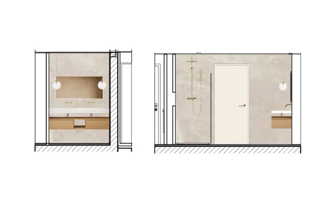 Rénovation d'une salle de bain lumineuse et moderne en carrelage effet travertin à Orthez
